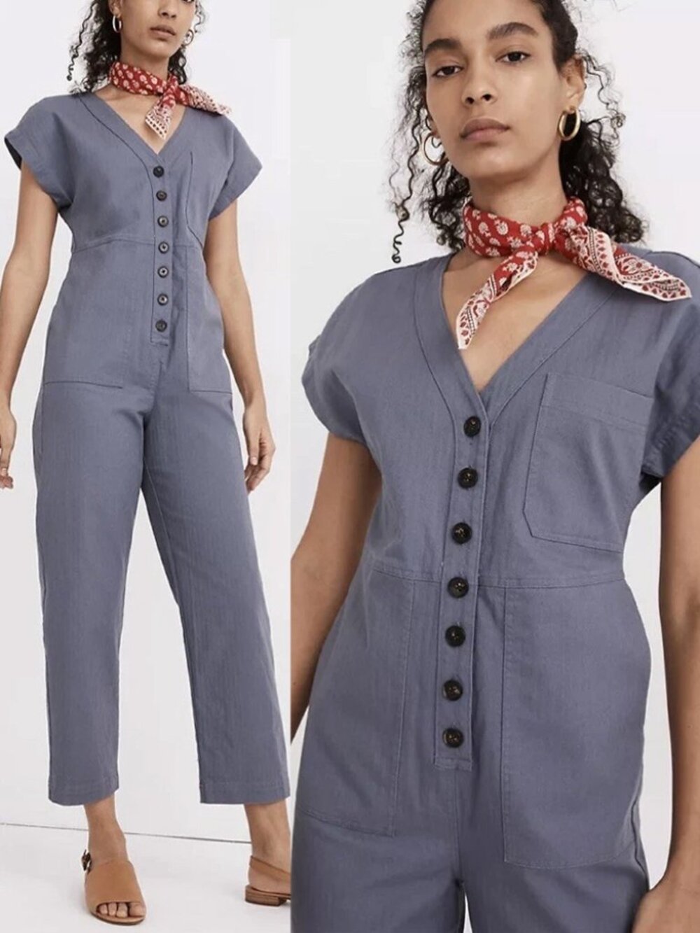 Madewell Button-Front Cap-Sleeve Jumpsuit M Button Front Faded Indigo Gray $138
